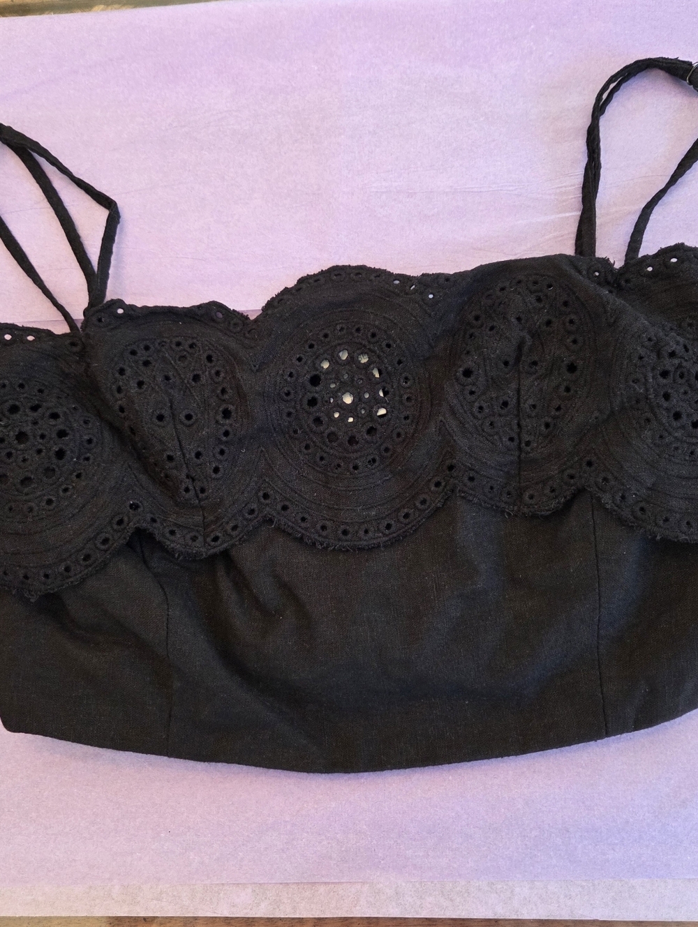 Sigrid Olsen Linen Crop Top Artisan Crafted Eyelet Scalloped Black L Smock Back - Picture 2 of 11